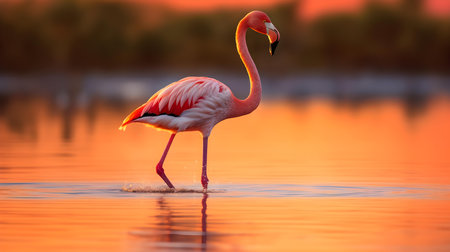 Greater flamingo (Phoenicopterus ruber) in waterの素材