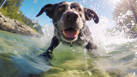 Cute dog swimming in lake with splashes of water. Close up.の素材