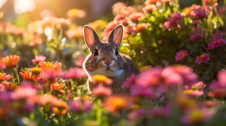 Rabbit in the flower garden. Easter Bunny in the flower garden.の素材
