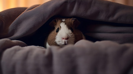 guinea pig peeking out from under the blanket in bed.の素材