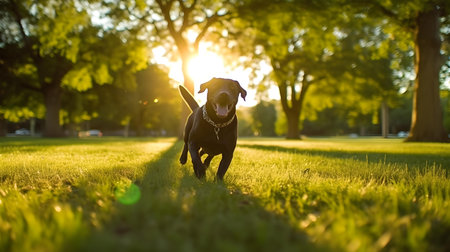 Adorable black labrador retriever dog running in a park at sunsetの素材