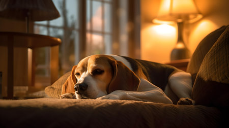 Beagle dog sleeping on a bed at home in the evening.の素材
