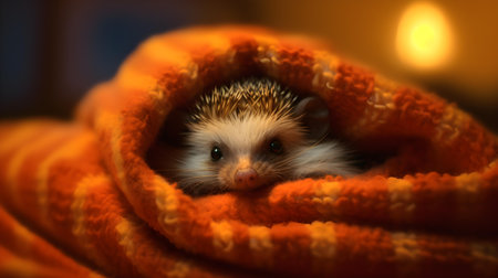 hedgehog under a warm blanket in the room at night.の素材