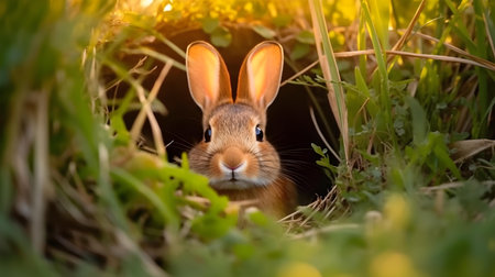 Close-up of a cute red hare in the grass.の素材