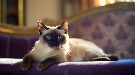 Siamese cat with blue eyes lying on sofa in living roomの素材