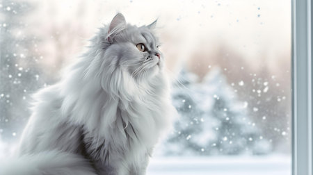Cute persian cat sitting on the windowsill in the winterの素材