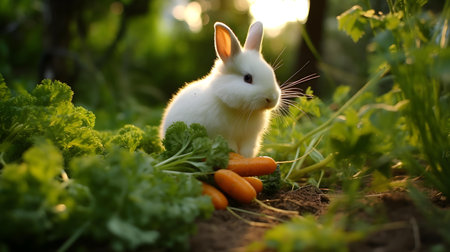 Cute white rabbit in the garden with carrots in the grass.の素材