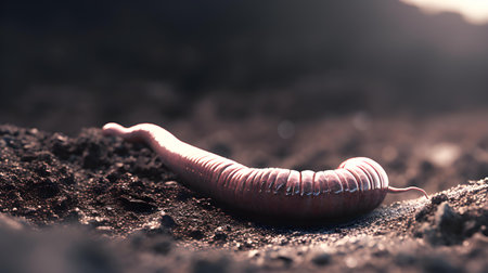 Earthworm in soil. Close up. 3d illustration.の素材