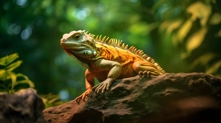 Green Iguana on a rock in the jungle. Green iguanaの素材