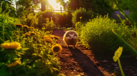 A cute little hedgehog walks in the summer garden with sunflowers.の素材