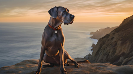 Great Dane dog sitting on a rock by the ocean at sunset.の素材