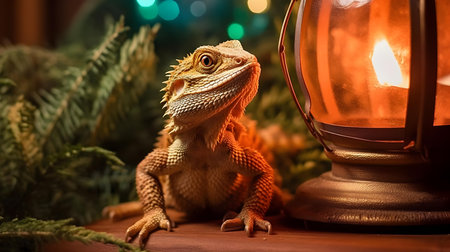 chameleon on the background of a lamp with a garlandの素材