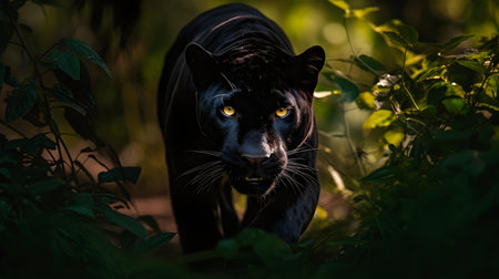 Black panther in the forest at sunset. Panthera leoの素材