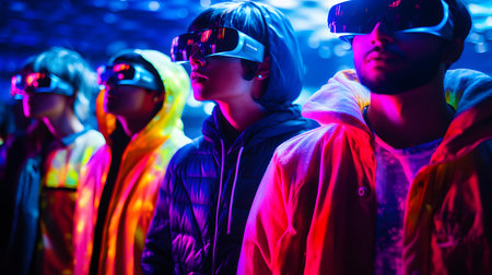 Group of young people in virtual reality glasses. Future technology concept.の素材