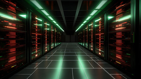 Server room data center. Backup, mining, hosting, mainframe, farm and computer rack with storage information. 3d renderingの素材
