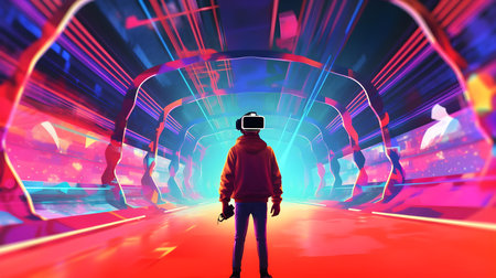 3d rendering of a man in virtual reality glasses standing in front of a tunnelの素材