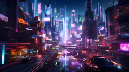 Futuristic city at night with illuminated skyscrapers. 3d renderingの素材