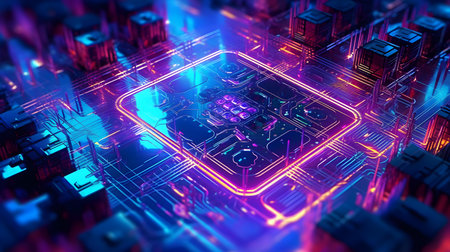 Circuit board with glowing neon lights. Technology concept. 3d renderingの素材