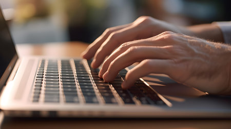 Close-up of a man's hands typing on a laptop keyboardの素材
