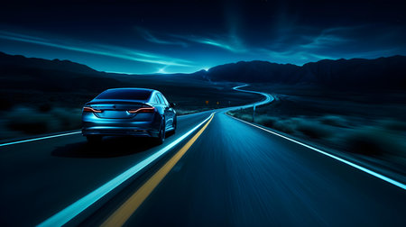 car on the road at night with motion blur and blue sky backgroundの素材