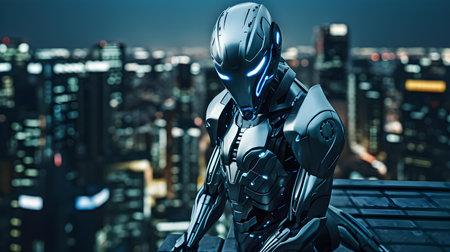 3D rendering humanoid robot in front of the city at night.の素材