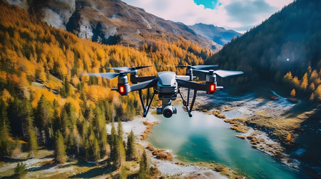 drone with digital camera flying in the mountains. 3d renderingの素材