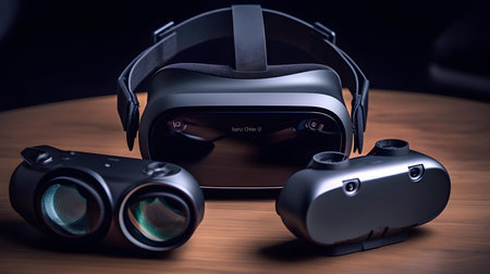 Virtual reality glasses and binoculars on a wooden table. 3d renderingの素材