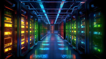 Server room data center hallway with rows of server racks. 3D renderingの素材