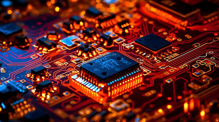 Close-up of electronic circuit board with microcircuits. Technology backgroundの素材