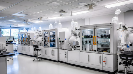 Interior of a modern medical laboratory with equipment and science experiments.の素材