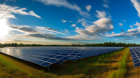 solar energy panels with blue sky and green field in the backgroundの素材