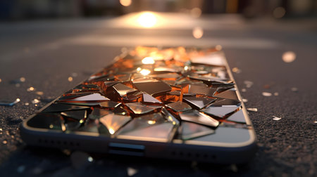Broken mobile phone on the street. 3d illustration. Selective focus.の素材