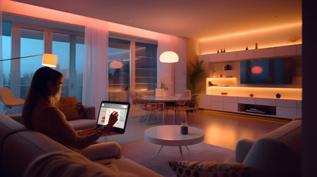Woman using tablet computer at night in the living room at home.の素材