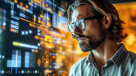 Innovative technologies in business. Confident young man wearing eyeglasses and looking at camera while standing against futuristic backgroundの素材