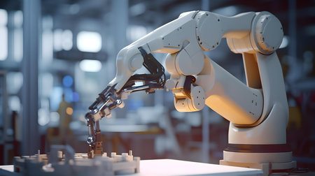 3d rendering robotic arm working on factory production line. Smart industry 4.0 conceptの素材