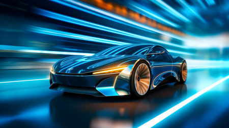 3D rendering of a sports car on a futuristic background with neon lightsの素材