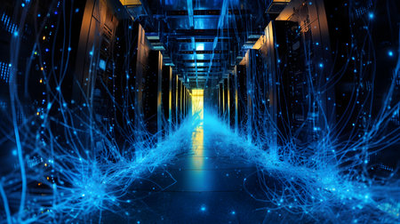Futuristic server room with glowing lines and blue light 3D renderingの素材
