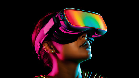 3d rendering of a woman wearing virtual reality goggles isolated on black backgroundの素材
