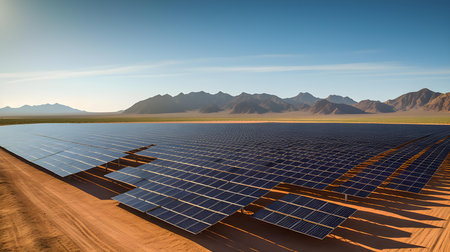 Solar panels in the desert, 3d rendering. Computer digital drawing.の素材