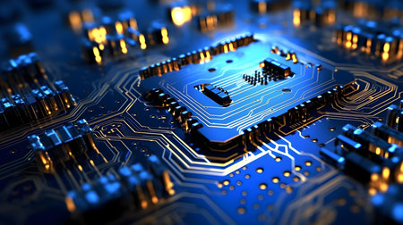 Close up of electronic circuit board. Technology background. 3D renderingの素材