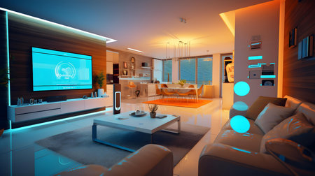 3d render of modern living room with tv and TV set.の素材