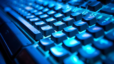 Close up of computer keyboard. Blue toned. Shallow depth of field.の素材