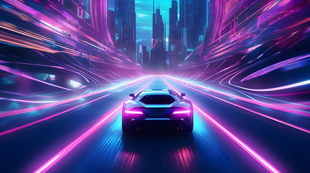3d rendering of a sports car on the road with neon lightsの素材