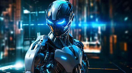 Cyborg woman or female robot on dark background 3D rendering.の素材