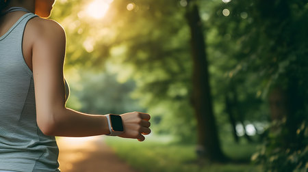 Young woman running in the park and checking time on her smart watchの素材
