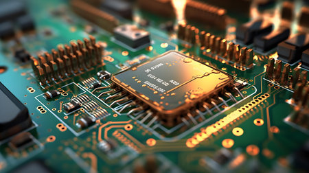 Close-up of electronic circuit board with processor. Technology background.の素材