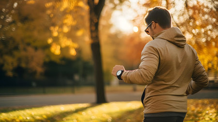 Young man jogging in the autumn park. Healthy lifestyle concept.の素材