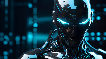 Cyborg male robot in futuristic cyberspace. 3D renderingの素材
