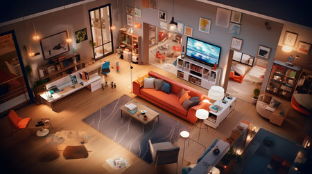 Interior of a modern living room at night. 3d renderingの素材