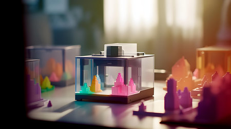 3d render of a science experiment in a laboratory with colorful test tubesの素材